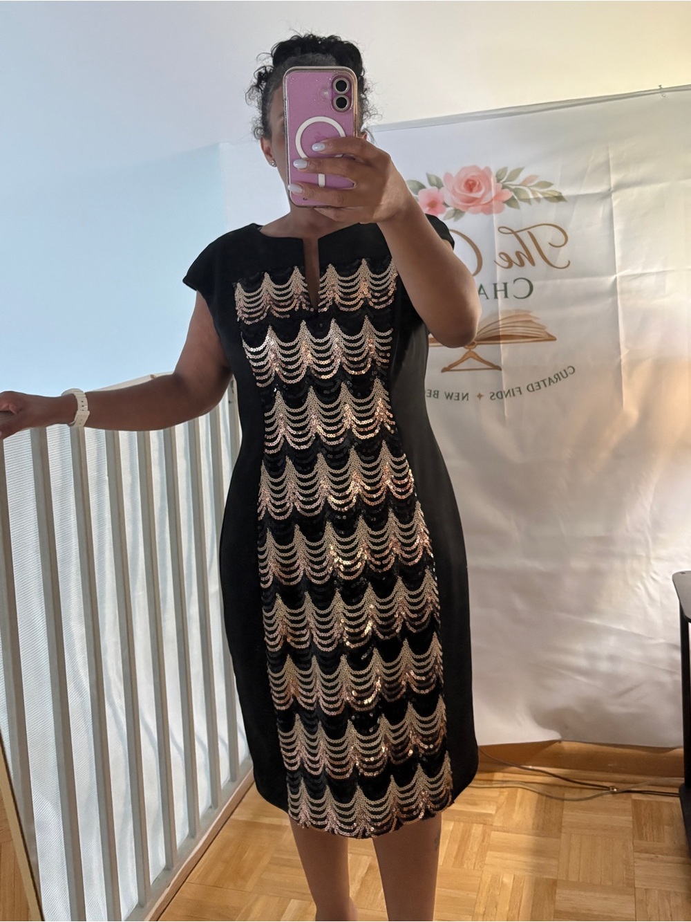 connected apparel Black Midi Dress with Gold & Silver Sequin Wave Detail